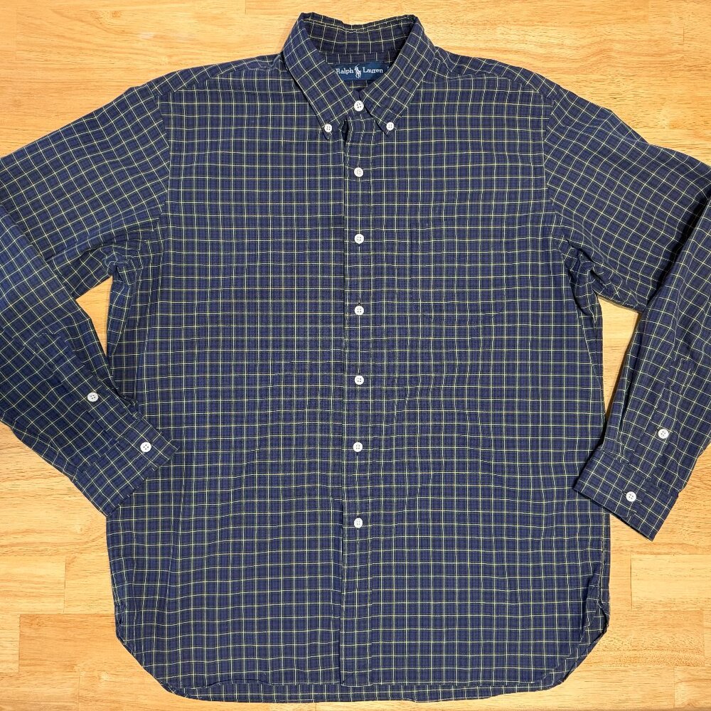 Ralph Lauren Plaid Button Up Shirt Mens XL Blue Green Plaid Classic Fit